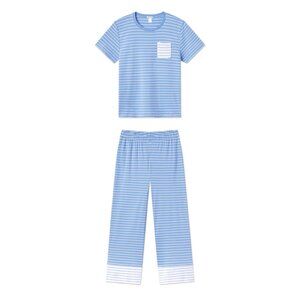 NWT LAKE Pima Crew Wide Leg Pajama Set in Mixed baltic Blue Tripe